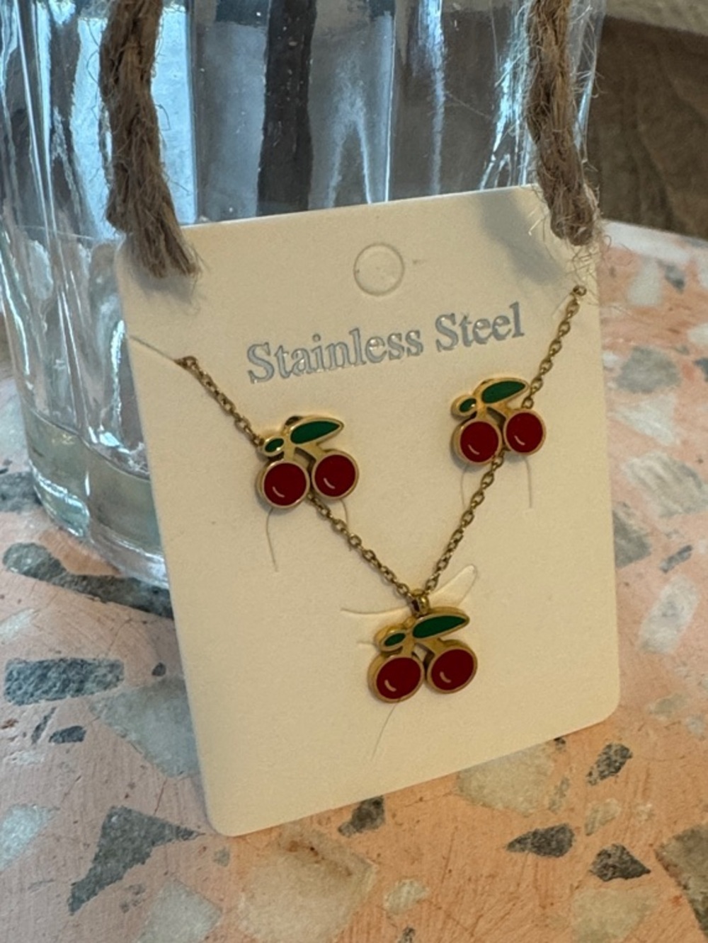 Cherry Pendant Necklace & Earring Set - Red and Green
